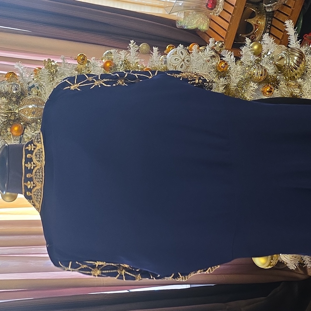 Elegant Navy Women's Dress With Gold Embroidery - Picture 9 of 12